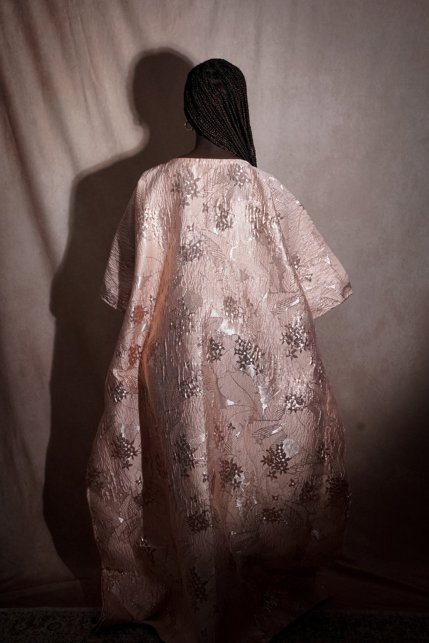 Mariama Dress – Majestic African Boubou in Silver Powder Pink Brocade