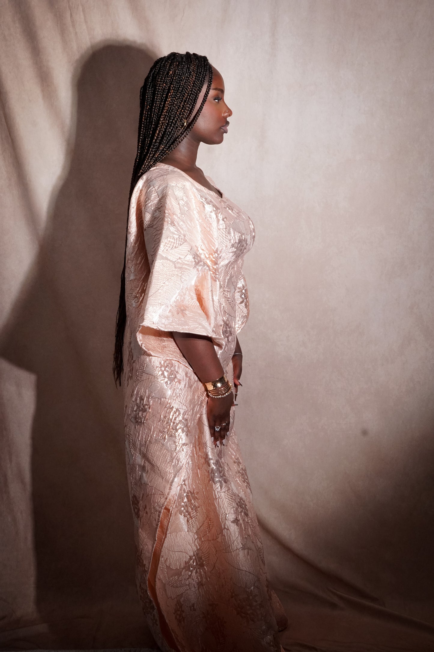 Mariama Dress – Majestic African Boubou in Silver Powder Pink Brocade