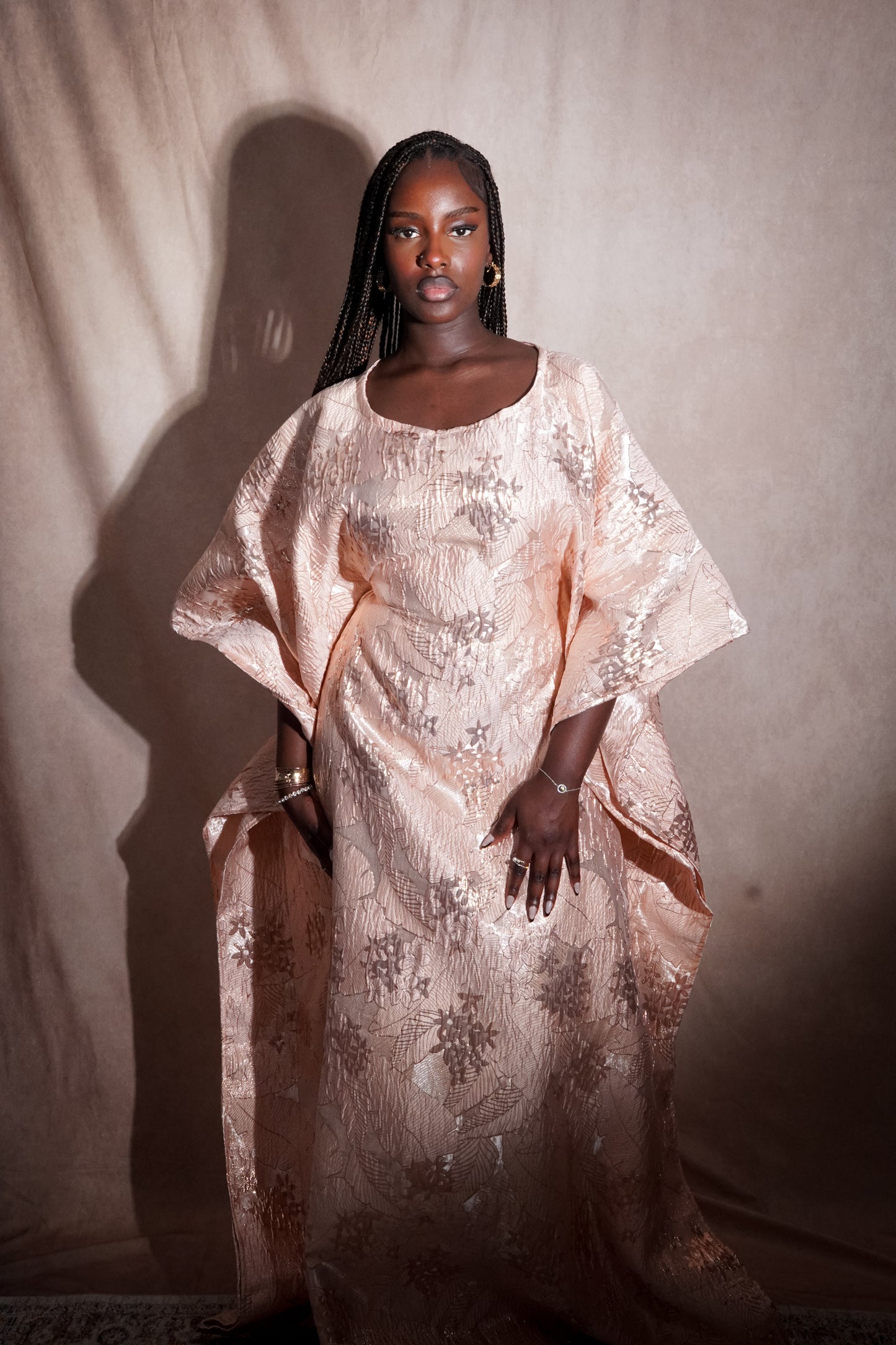 Mariama Dress – Majestic African Boubou in Silver Powder Pink Brocade