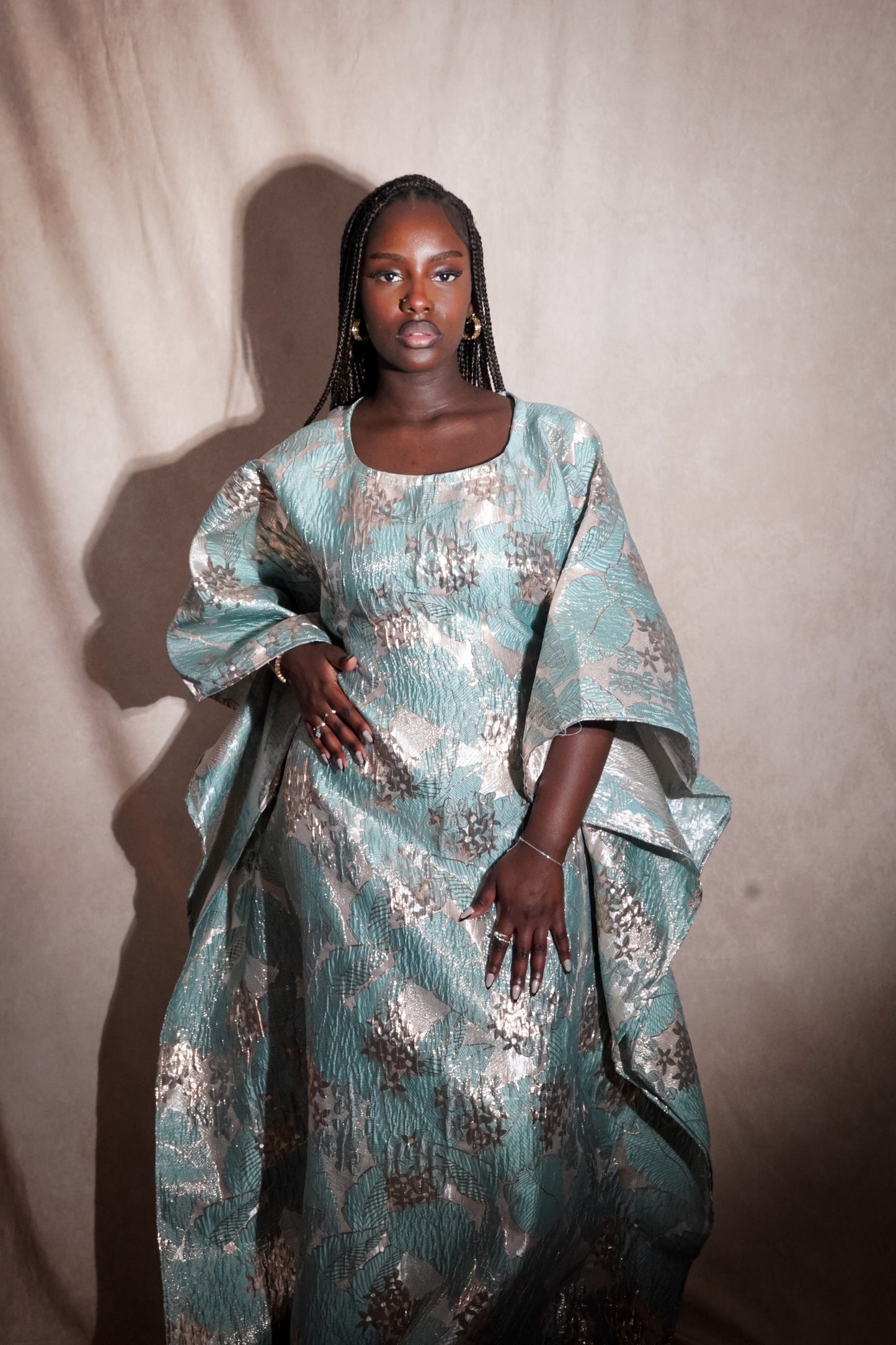 Nayara Dress – Majestic African Boubou in Blue Silver Brocade