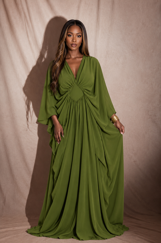 Kaftan Kimia vert olive à manches amples – Maison Kemeti